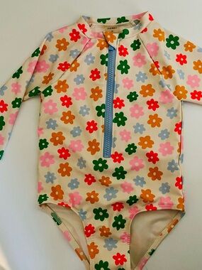 Old Navy Cream Floral Zip-Front Rash Guard